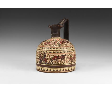 20th century AD. A ceramic painted Corinthian Oinochoe with heart shaped rim, pinched to the end to form a spout, sharply arc