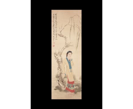 20th century AD. A fabric scroll with applied paper panel, scene of a courtly lady beside a tree; two columns of calligraphic