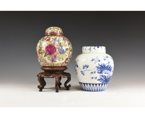 19th-early 20th century AD. A mixed ceramic group comprising: a bulbous glazed jar with domed lid, famille rose design and gi