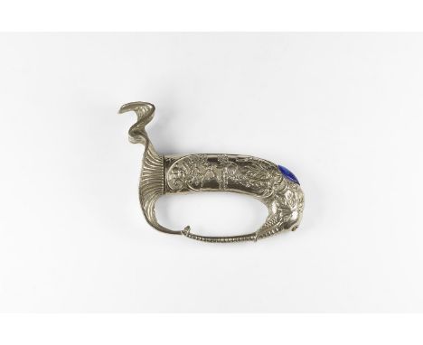 20th century AD. A two-part copper-alloy cavalry hanger hilt with finger-guard formed as an elephant's head and trunk, stork 