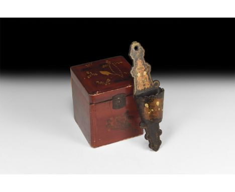 20th century AD. A group of lacquered wooden items comprising: a caddy with hinged lid, internal lidded chamber, floral motif