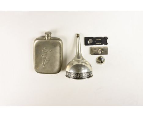 20th century AD. A mixed group comprising: a cigar cutter in leather slipcase; a cigar cutter in plastic; a pewter funnel wit