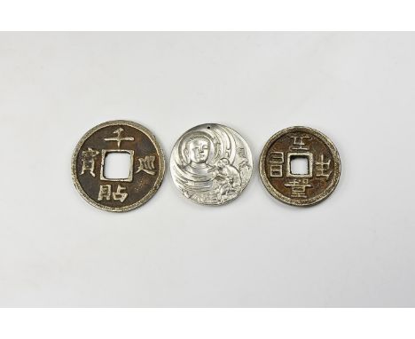 A group of three undated archaistic silver-coloured metal objects comprising: two coins with square hole to the centre and Ch