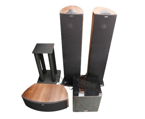 Two KEF Q5 speakers, 34 by 22 by 96cm high, and centre speaker, 26 by 51 by 17cm high, with a Radius 380 speaker and Atacama 