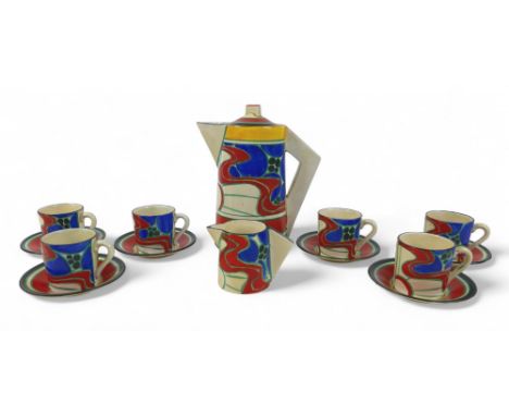 A Clarice Cliff coffee set, decorated in the 'Sunrise (red)' pattern, circa 1929, comprising six coffee cans, 5.5cm high, six