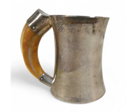 A Victorian silver tankard with boar tusk handle, London 1899, by Heath &amp; Middleton, 11 cm wide, 11cm high, base engraved