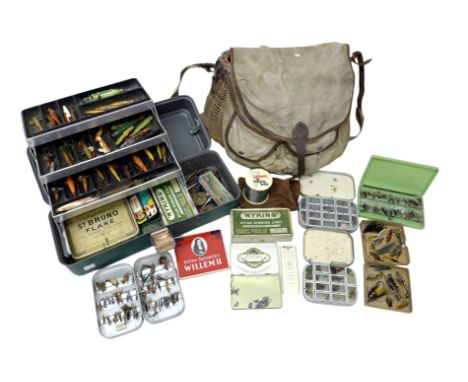 Fishing: A vintage collection of fly fishing flies, lures, weight, hooks and other equipment in  Umco tiered box, along with 