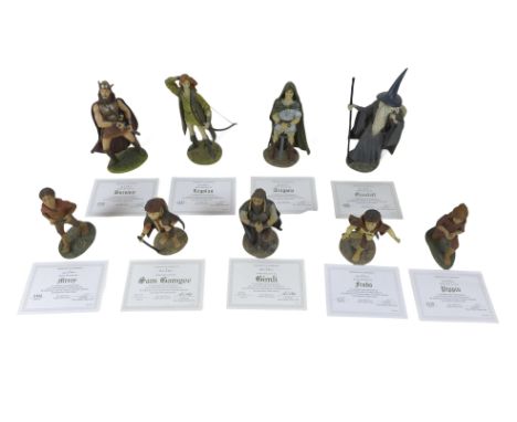 A collection of nine Danbury Mint figurines, modelled as The Lord of the Rings characters, each boxed and with Certificate of
