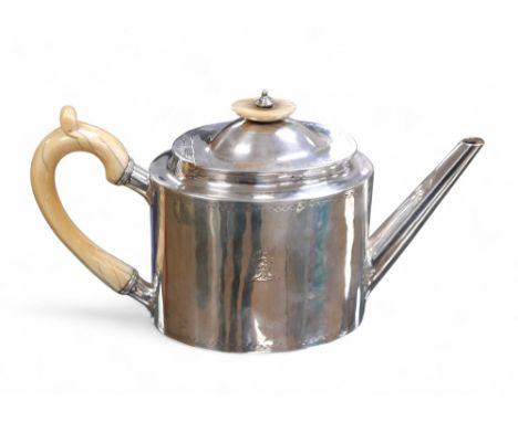 A Victorian silver teapot, with ivory handle and finial, hinged lid, oval base, Daniel &amp; Charles Houle, London 1869, 16.2