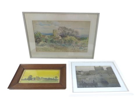 A C Fare - two watercolours and another, one entitled "Wood spring Priory Som: the other "An arrest" in the good old days tra