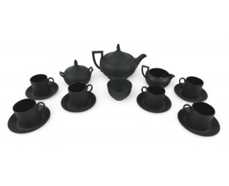 A Wedgwood black basalt tea service, six setting with slop bowl. (16)