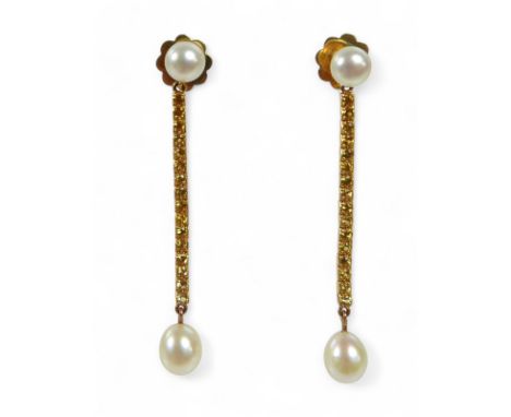 A pair of 18ct gold pearl and yellow sapphire drop earrings, each earring with a two cultured pearls, the spherical pearls ap