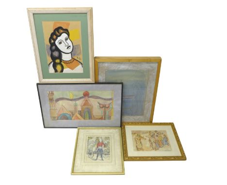 A collection of five modernist style paintings, including a Chagall copy, largest 43 by 4 by 53cm. (5)
