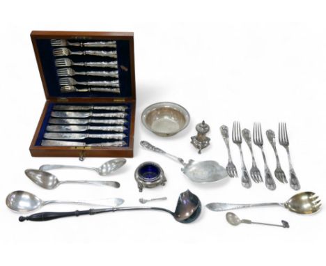 A collection of continental silver 800 and 830, and other silver, including a part cruet plated ladle, fish knives and forks 