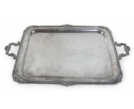 A George V large silver twin handle presentation tray, with applied shell border, Harrison Brothers &amp; Howson (George Hows