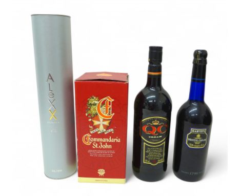 Four bottles of wine / spirits, to include Alexx Cognac V./S Silver (Ukrainian Tavria) in tube, boxed Commandaria St John swe