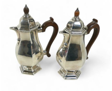 A pair of silver coffee pots, each of hexagonal form, possibly R H Halford &amp; Sons Ltd, London 1925, each 19cm high and 13
