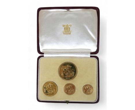 A George VI 1937 proof gold four coin specimen set, Royal Mint issue, comprising five pounds, two pounds (double sovereign), 