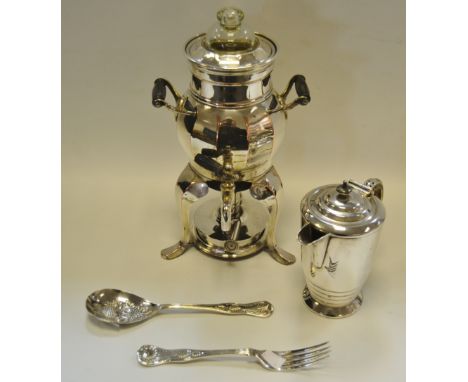 Silver Plated Ware - an American silver plated coffee pot; a silver plated hot water jug; a Victorian berry serving spoon and