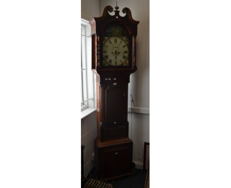 An early-Victorian oak and mahogany longcase clock, the enamel painted arched dial decorated with rural lake scene, hand-pain