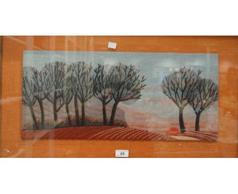 A Folk Art tapestry depicting sunset, oak frame