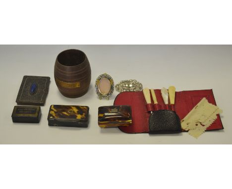 A 19th century tortoiseshell casket; a cabachon set snuff box; a barrel made from the teak of Jellicoe's flagship at Jutland;