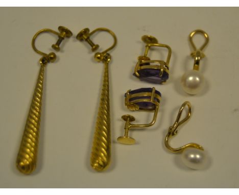 Earrings - a pair of amethyst earrings, 9ct gold screw mounts;  a pair of rolled gold drop earrings a pair of faux pearl earr