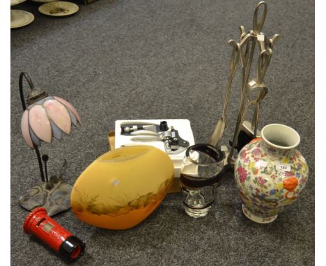 A set of contemporary fireside implements; a Tiffany-style lamp; a corkscrew set; glass vases