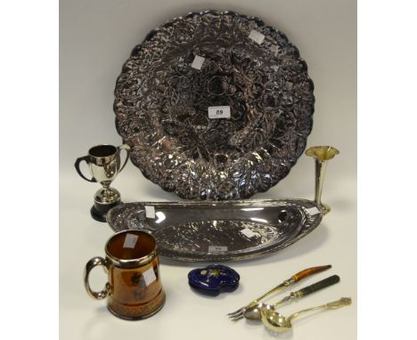 Plated Ware - a  Reed & Barton tray, embossed with strawberries, 33.5cm diam'  an elongated oval tray;  a specimen vase;  sif