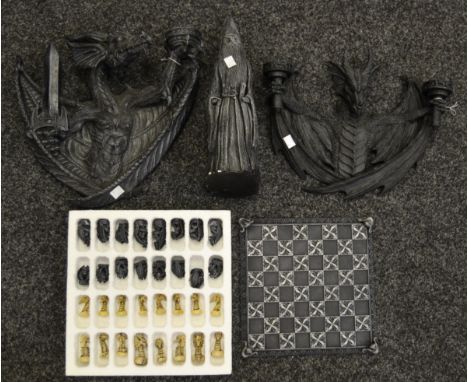 A 'Marker Gallery' dragon chess set; another similar; two dragon wall lights; etc.
