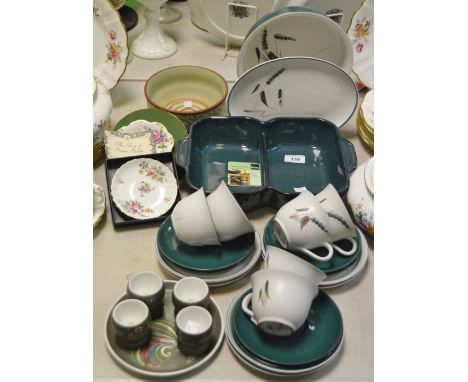 A Denby Cockerel plate; four conforming egg cups; a set of six Denby Greenwheat pattern tea cups, saucers and side plates; et