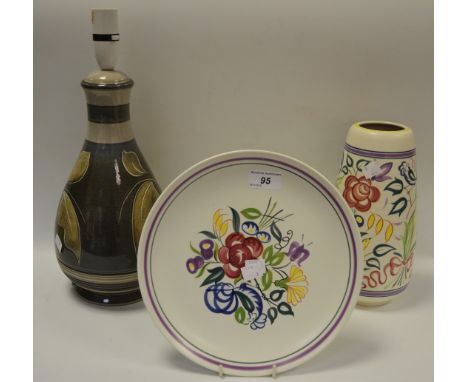 Decorative Ceramics - a Denby baluster shaped table lamp; a Poole vase and conforming plate (3)