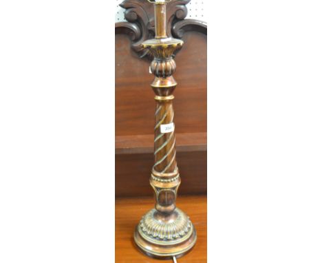 A large contemporary soft wood lamp base, twisted turned support, stepped fluted base