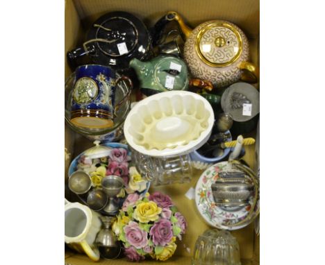 Household Goods - a Jackfield type teapot; a Doulton Lambeth commemorative mug; pressed glass jelly moulds; silver plated egg