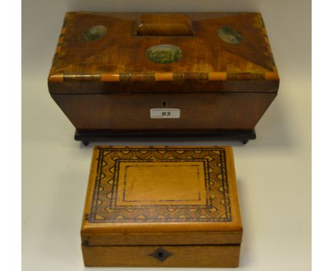 A 19th century canted rectangular tea caddy, two section interior, transfer decorated with Alpine panels, ebonised foot, Coni