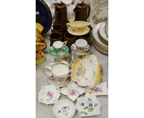 Ceramics - a pair of Wedgwood Pennine pattern hot water jugs, six mugs, Royal Crown Derby, Derby Posies pattern trinket dishe