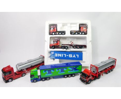 A die cast advertising lorry set Benton Brothers Boston, comprising three cabs, one trailer and a LYS-LINE storage container 