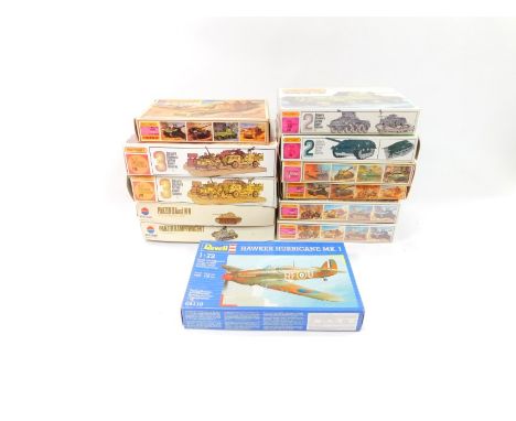 Matchbox war related model kits, including an LRDG 1/76 scale, Willy's Jeep, another, A-34 MK-I Comet tank, in original plast