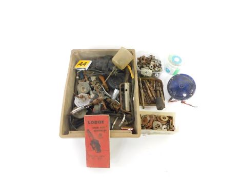 An AA car badge, PMG blue lamp, Lodge spark plug information booklet, drill bits and sundries. (quantity)