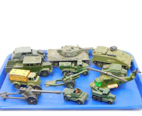 Die cast military vehicles, including a Dinky Toys Alvis tank, field artillery tractor 688, Lesney Scammell breakdown trunk n