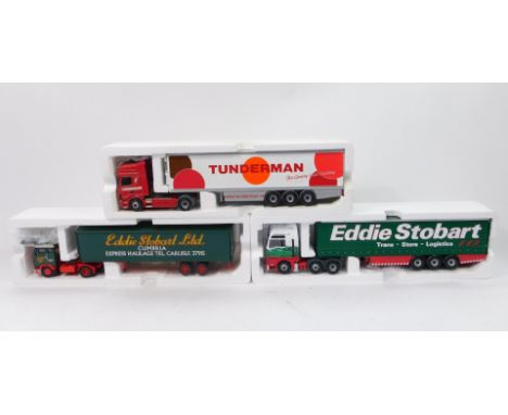 Die cast 1:50 scale lorries, comprising Corgi Eddie Stobart Volvo F88 boxed trailer, another and a Tunderman lorry, boxed.  (