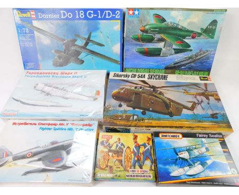 Airfix Revell and other model kits, including a Sikorsky Ch-54A sky crane 1:72 scale, Tamiya, Aichi M6A1 Seiran Dornier DO18 