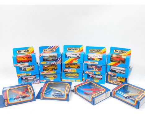 Matchbox die cast vehicles, including a MB47 school bus, MB65 rescue trunk, Skoda car, various boxed Sky Buster aeroplanes, b