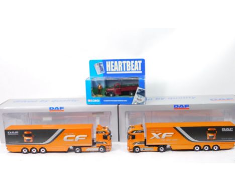 Die cast 1:50 scale lorries, comprising DAF advertising, Corgi Heartbeat CC07301 andd a Morris commercial trunk, boxed.  (3)