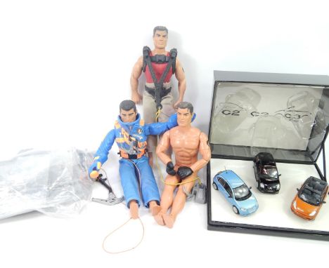 Three Action Man figures, and a Norev Citroen 3 die cast car model set, of  2CV and CV3 Pluriel three model set. (4)