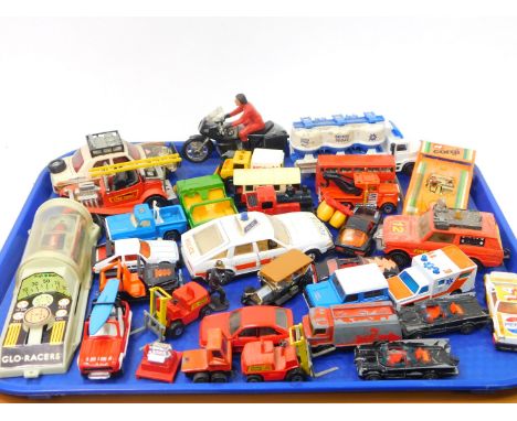 Die cast vehicles, Corgi Juniors Batmobile 1976, another, various other items, Lesney, Matchbox fire truck K50-53, fork with 