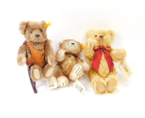 A Steiff Grandpa bear, 654527, in rocking chair, 29cm high, a plush jointed Scorpio bear 654947 with Scorpio medallion to the