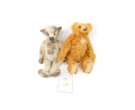 A handmade Ridibars plush jointed teddy bear, in white, 41cm high and a Steiff brown bear with card label. (2)