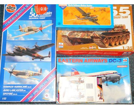 Airfix model kits, Esci Ertl kits etc., including a T55 medium tank 1/35 scale, Hawker Hurricane MK2C in plastic wrapper 1099