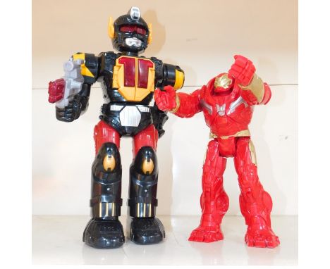 A Chad Valley Chinese battery powered robot, MK92NW, in red and black holding gun, 42cm high, and a further Marvel articulate